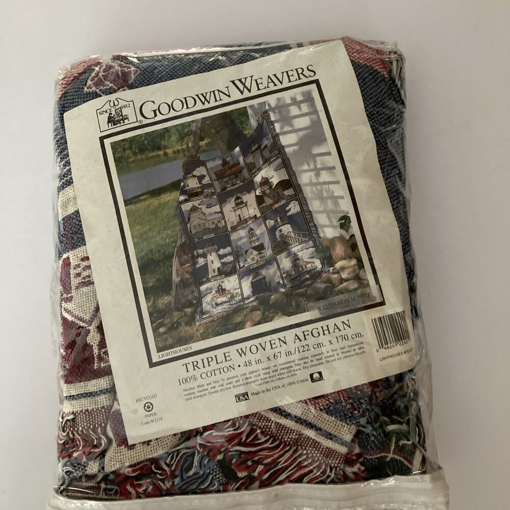 Vtg Goodwin Weavers Triple Woven Afghan 48" x 67" American Lighthouse USA Cotton